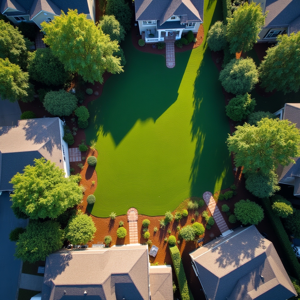 Aerial view of a residential neighborhood in the Charlotte region with landscaped backyards and mature trees