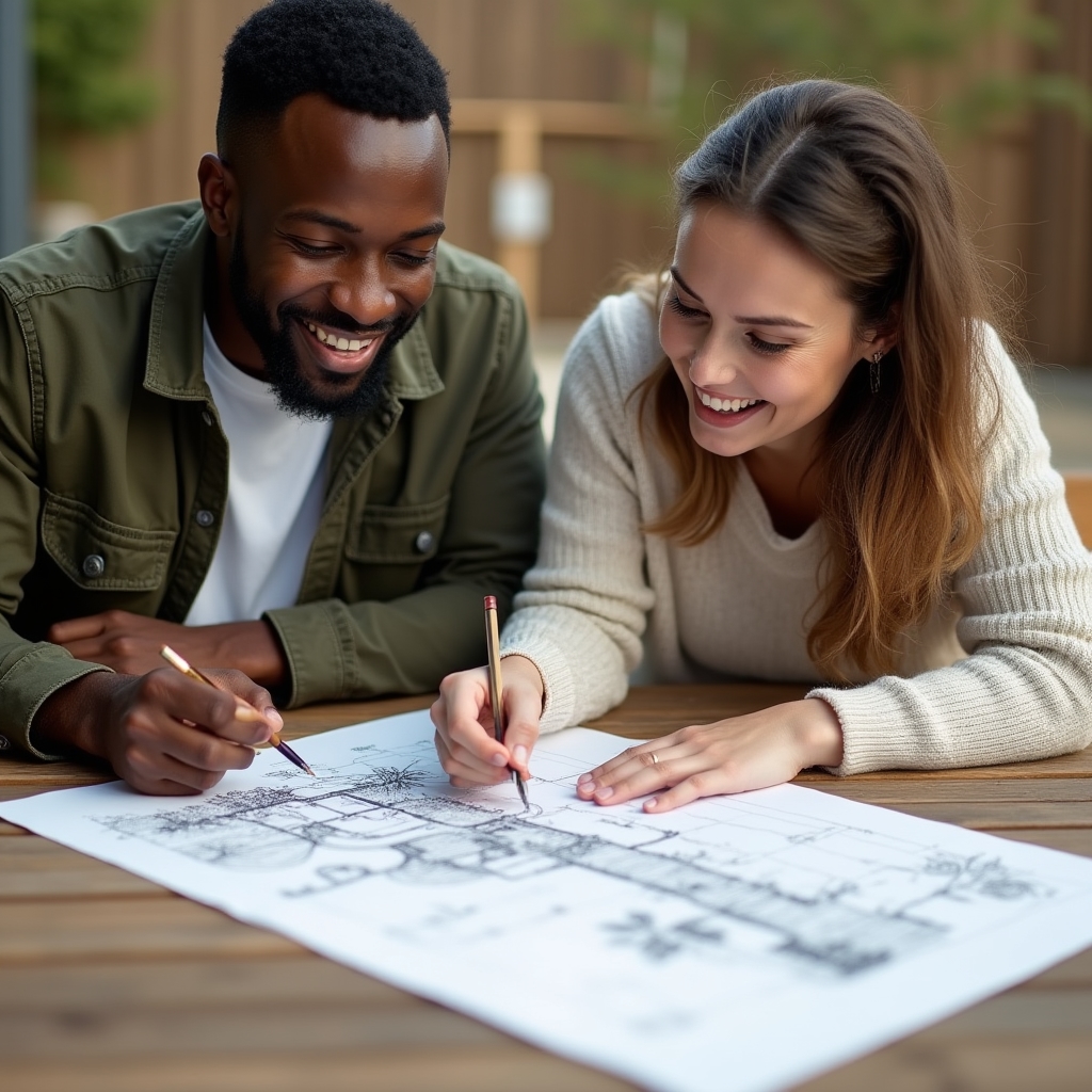 Garden designer reviewing a hand-drawn landscape plan with a homeowner at an outdoor table