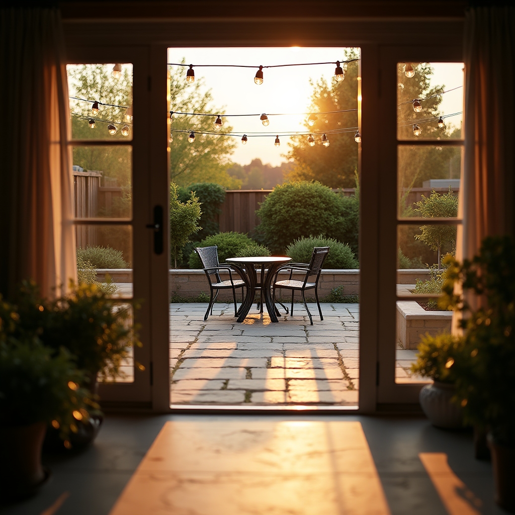 Completed backyard garden and patio area viewed from the back door of a home