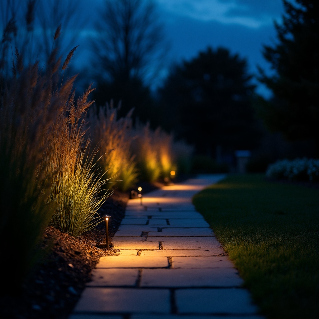 Low-voltage path lighting illuminating a stone walkway through a garden at dusk