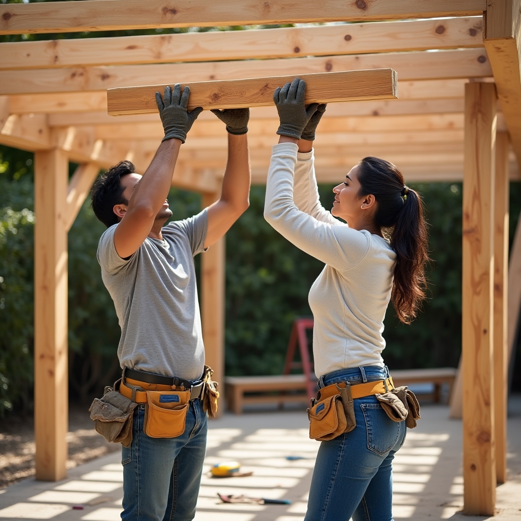 Wooden pergola structure being assembled over a garden seating area