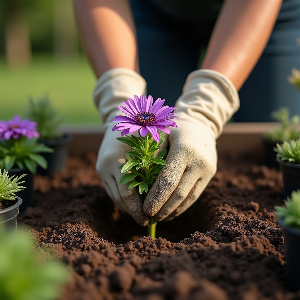Close-up view of hands planting perennials into a freshly prepared garden bed