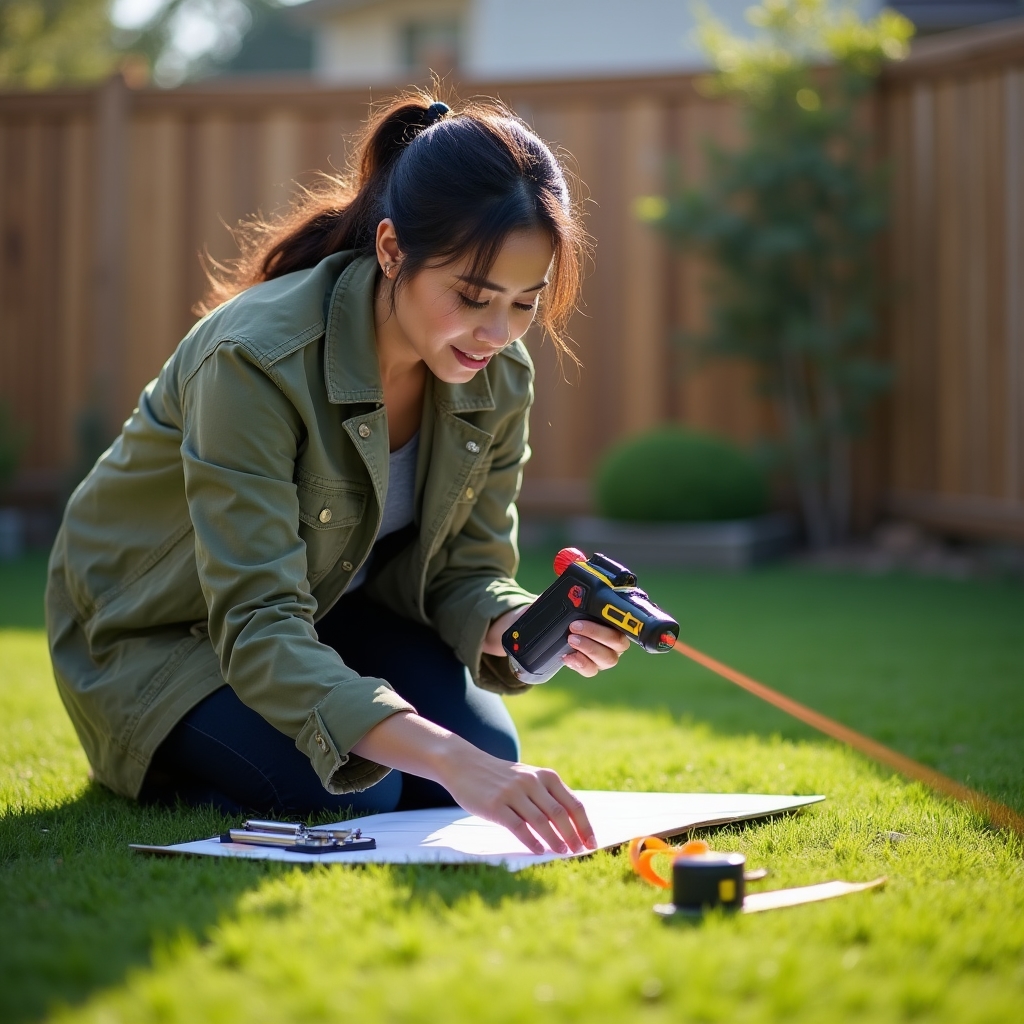 Landscape designer measuring a backyard site with a laser measuring tool before drafting plans