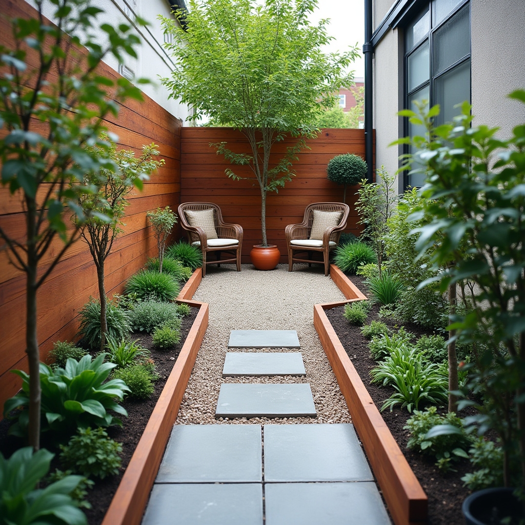 Small urban backyard makeover featuring compact patio and raised planting beds